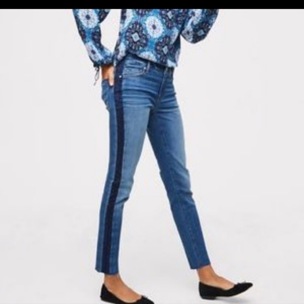 Loft Ann Taylor stripe two tone raw hem skinny jeans size 0 / 25